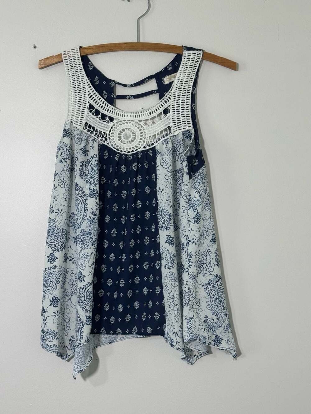 Rewind Blue and White Floral Print Crochet with Lace Back Detail, Size XS